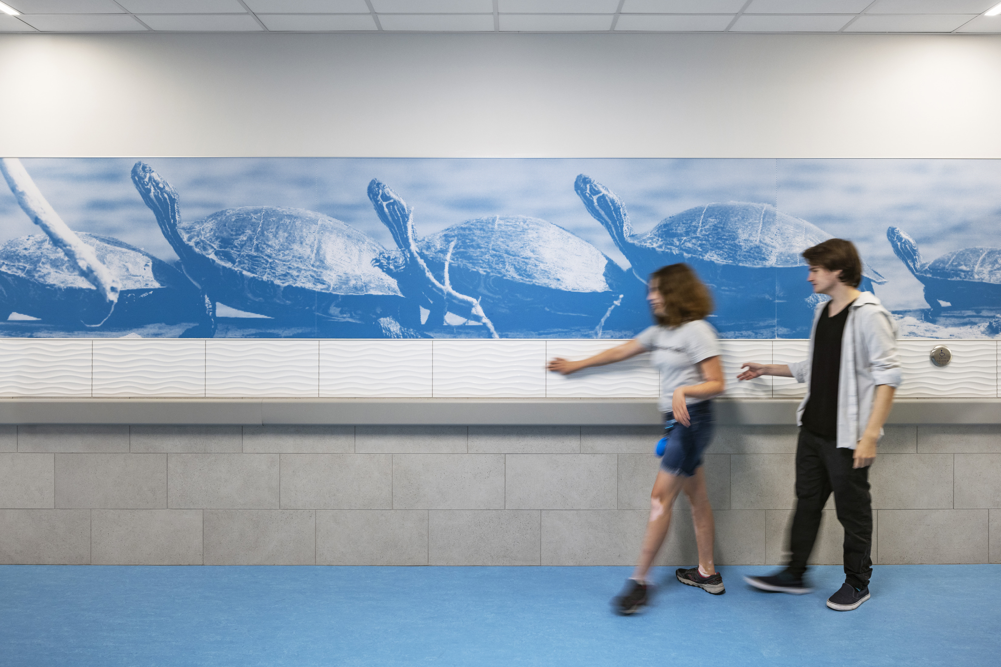 A hallway with a large, monochromatic blue mural of turtles on the wall, creating a calming and engaging visual for students. Two students are captured in motion, emphasizing the vibrant and active nature of the space. The floor is covered in blue, complementing the mural, and there are tactile elements on the wall for sensory engagement.