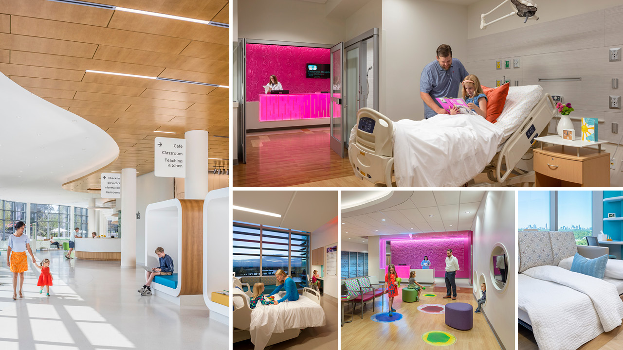 5 picture collage of PICU spaces, including 2 images of caretakers and staff with patients, an image of a wide, expansive hallway, an image of a child-friendly waiting room, and a staff lounge.