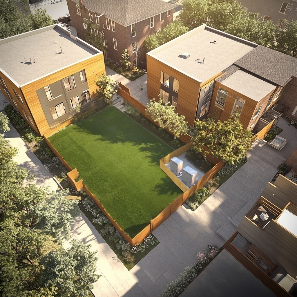 An aerial view of a residential complex featuring modern, two-story wooden apartment buildings arranged around a shared central green lawn. The buildings are surrounded by landscaped pathways and fences, with trees and greenery enhancing the setting. Two utility units are visible within the fenced lawn area.