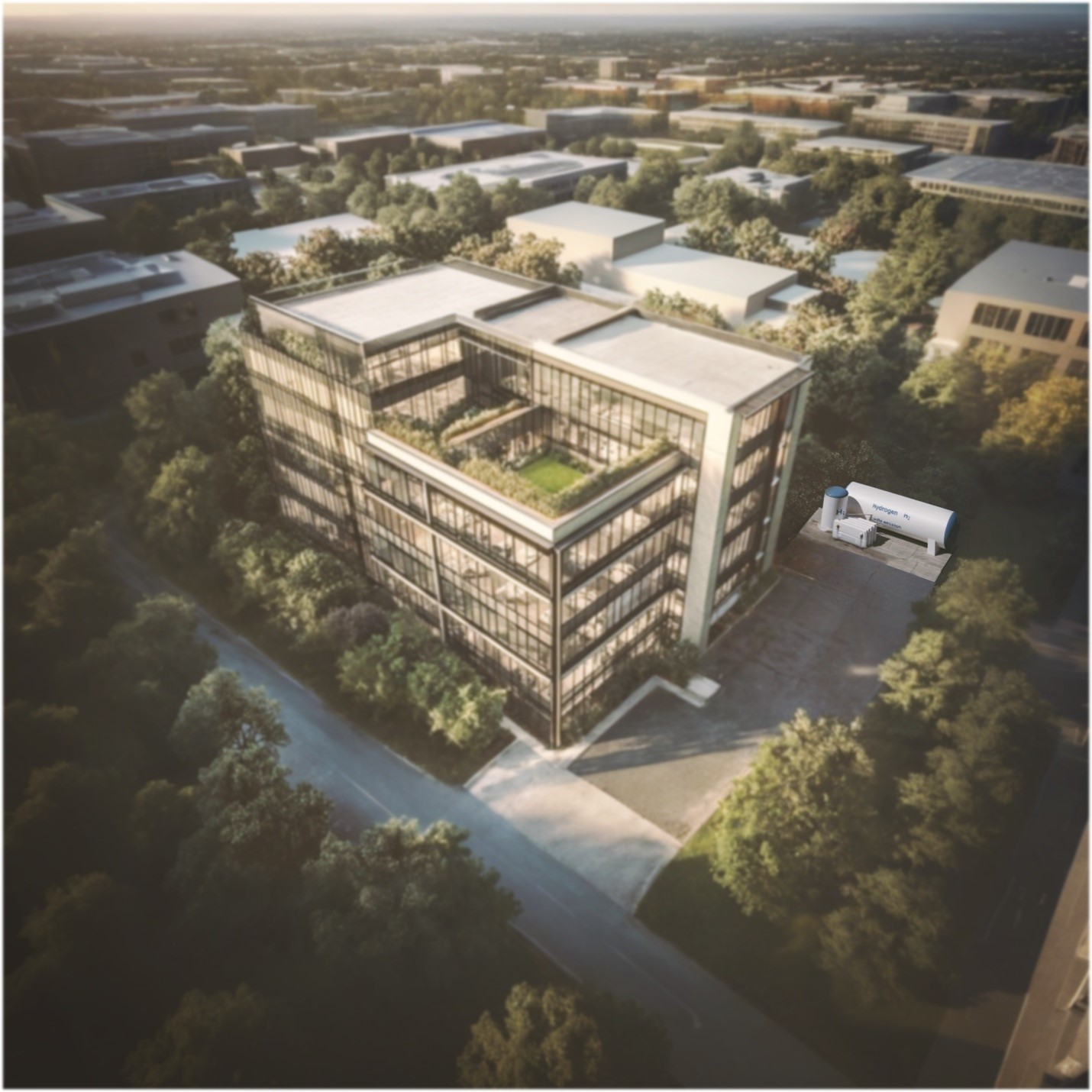 An aerial view of a modern office building with a rooftop garden surrounded by a suburban area with trees and other buildings. To the side of the building, there is a hydrogen storage tank system installed on the ground, showcasing sustainable energy infrastructure.