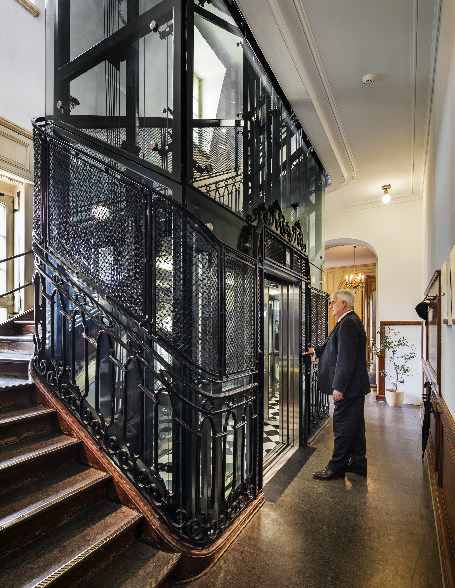 new elevator with restored ironwork