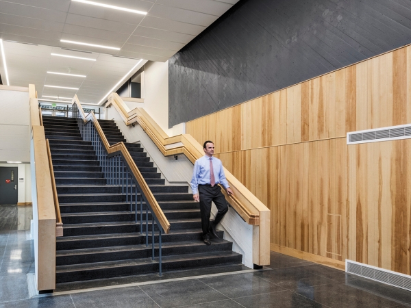 Renovated interior lobby of Spellman Hall