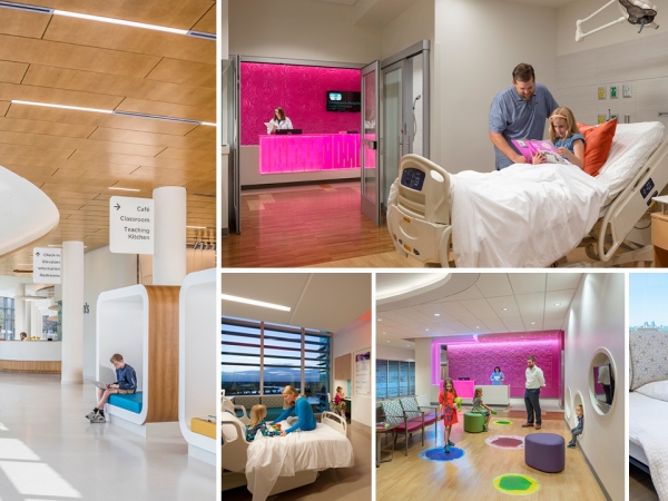 5 picture collage of PICU spaces, including 2 images of caretakers and staff with patients, an image of a wide, expansive hallway, an image of a child-friendly waiting room, and a staff lounge.