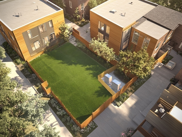 An aerial view of a residential complex featuring modern, two-story wooden apartment buildings arranged around a shared central green lawn. The buildings are surrounded by landscaped pathways and fences, with trees and greenery enhancing the setting. Two utility units are visible within the fenced lawn area.